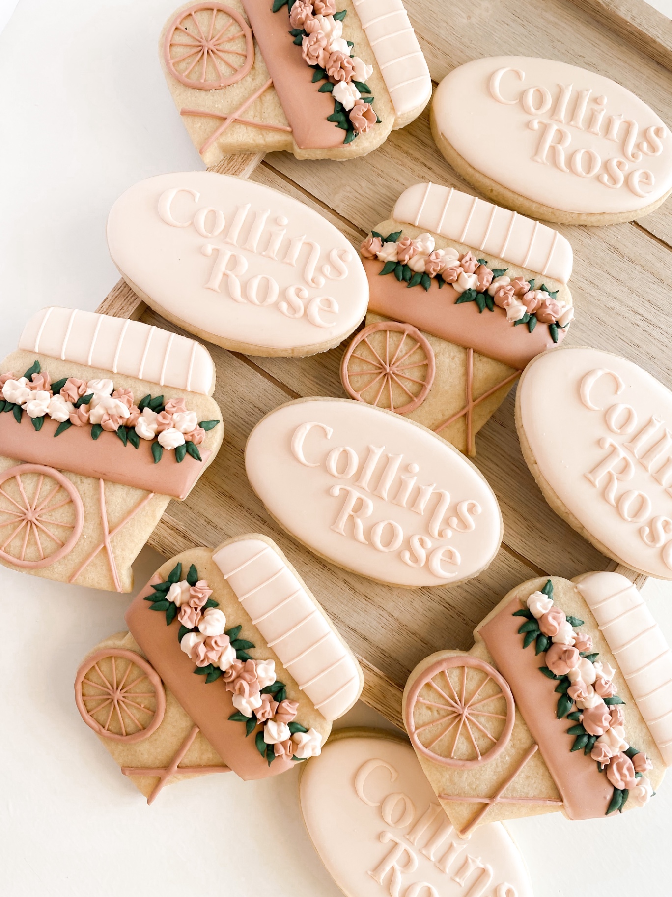 Collins Rose floral baby shower cookies in soft pinks