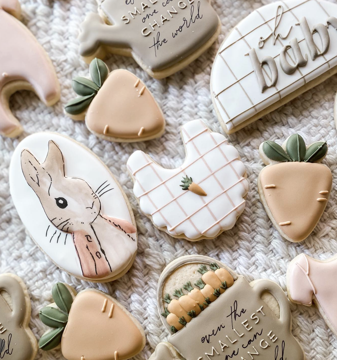 Peter Rabbit baby shower cookies with bunny, carrots, strawberries, and oh baby plaque on woven backdrop