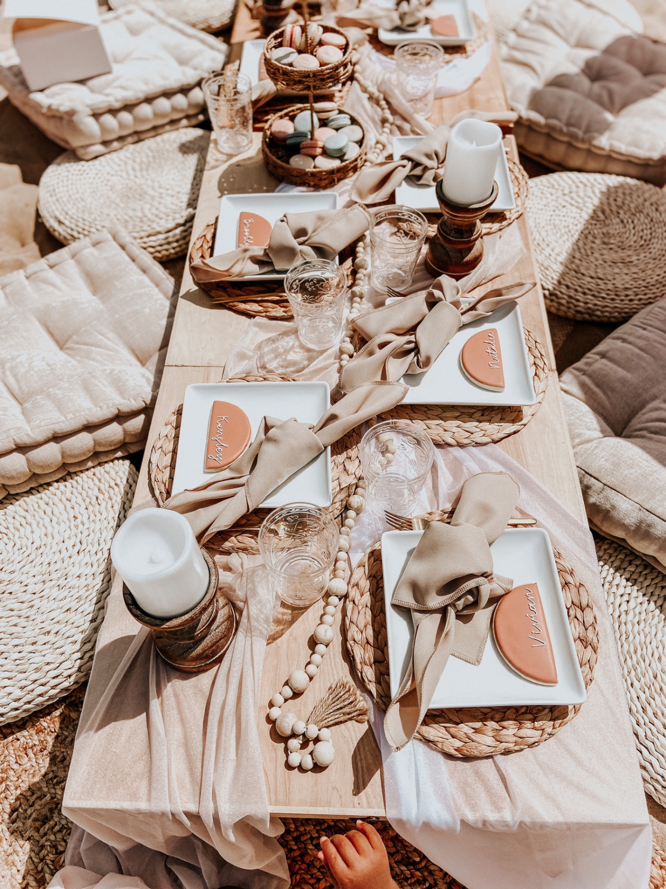Boho tablescape with custom name cookies and macarons