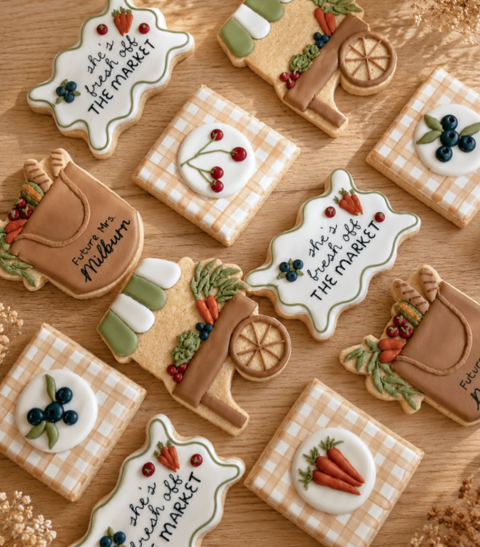 Decorated farmers market themed cookies