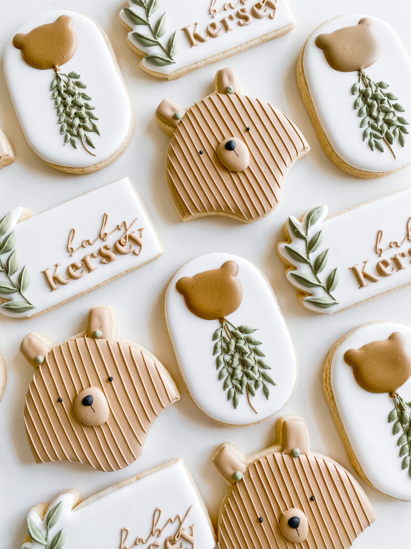 Baby Kersey woodland bear baby shower cookies with sage greenery